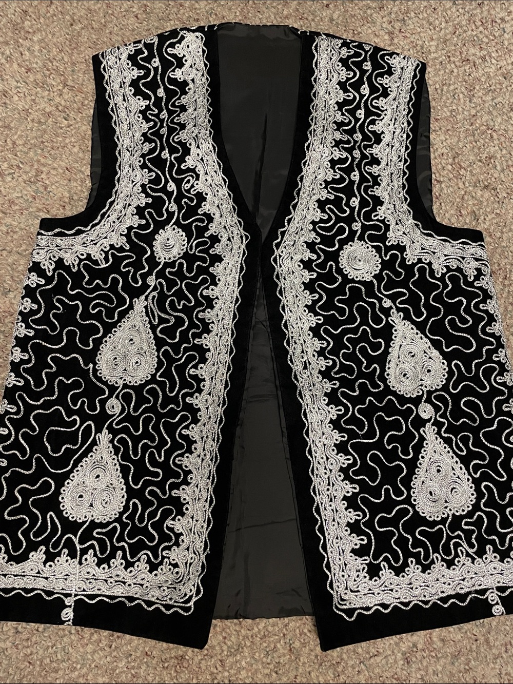 Vintage velvet vest with metallic silver thread embroidered design